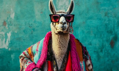 Obraz premium Llama wearing sunglasses and a colorful coat.