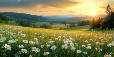 Serene Spring Landscape with Daisies and Sunrise