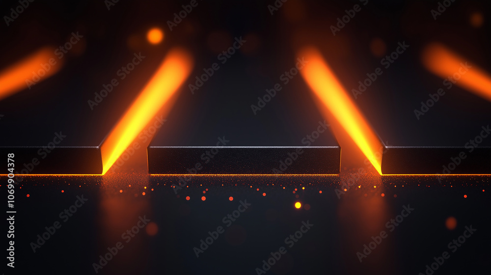 Poster high resolution photo of glowing steel bars with orange light, creating dramatic effect. contrast be