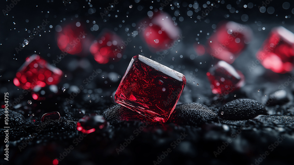 Poster red crystal ice cubes glisten on dark surface, surrounded by droplets, creating striking contrast. s