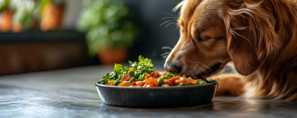 golden retriever dog enjoys healthy meal of fresh vegetables, showcasing balanced diet. vibrant colors of food contrast beautifully with dog fur