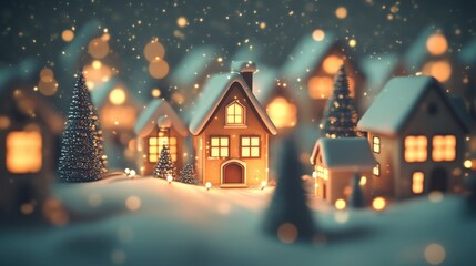 Fototapeta premium Picture of a toy town, a small miniature town with a Christmas atmosphere, New Year with white snow and beautiful lights, cute and warm.