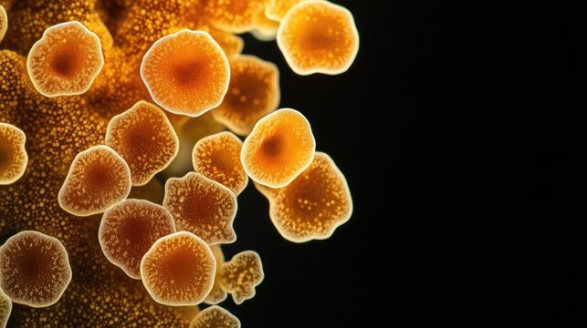 Microscope image captures aflatoxin at high magnification, highlighting the potential health risks linked to mycotoxin ingestion, presented against a black background with space for text.
