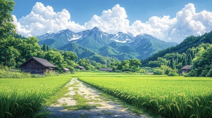 Fototapeta premium Vibrant Hand-Drawn Rice Paddy with Mountain Backdrop