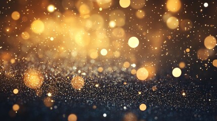 Fototapeta premium Glitter abstract background with bokeh of golden particles and rays of light. This glittery gold shiny backdrop offers a blurred effect, providing ample space for text.