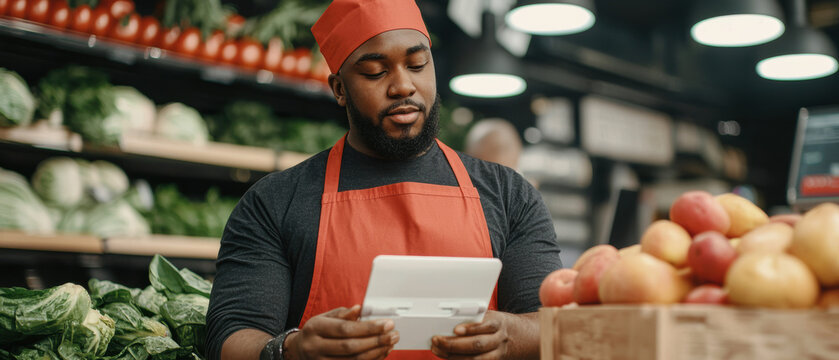 A grocery worker in an apron checks a digital device surrounded by fresh vegetables and fruits in a vibrant market.