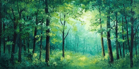 Obraz premium Tranquil forest landscape featuring vibrant green leaves, ideal for creating soothing natural backdrops and peaceful settings promotes a calm atmosphere in any space.