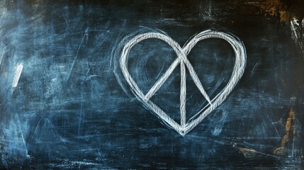 Heart-shaped peace symbol drawn on a chalkboard, creating a stylish and meaningful representation of peace. The image incorporates the peace symbol with ample copy space for customization.