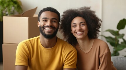 Obraz premium Smiling young couple surrounded by moving boxes, celebrating their fresh start in a bright new apartment. AI generated