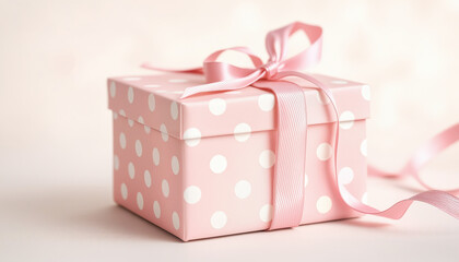 Obraz premium Whimsical gift box in pastel pink, adorned with hand-painted polka dots and a charming ribbon