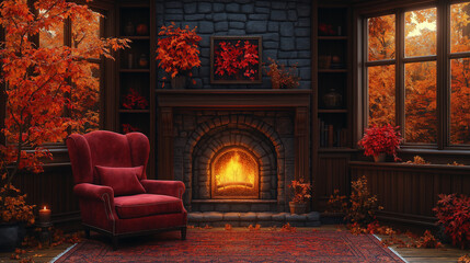 Fototapeta premium a cozy armchair by the fireplace, autumn decor, muted cyberpunk neo-noir style