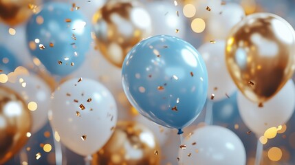 Celebration background concept with blue, golden, white balloons and confetti. Christmas background with copy space.