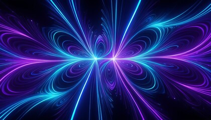 Vibrant neon light trails creating symmetrical abstract patterns in dark space