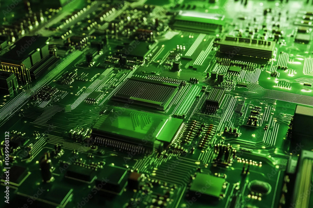 Poster detailed view of a green circuit board with intricate designs