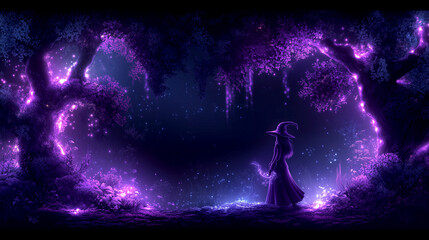 Fototapeta premium A woman stands in a forest with purple trees and glowing lights. Scene is mysterious and enchanting