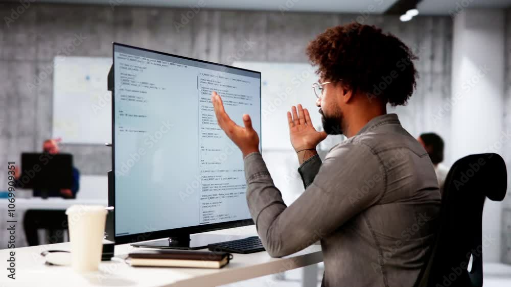 Poster Unhappy Sad Developer Programmer Man In Stress Coding Software