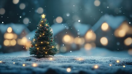 Christmas tree in a fantasy christmas village landscape, snowy xmas town vibe background wallpaper