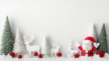 Christmas festival decorations with cute Santa Claus and reindeer clear background with copyspace for text , paperart