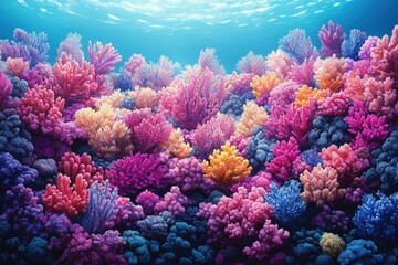 A colorful coral reef flourishes beneath the surface, bathed in sunlight, highlighting diverse shapes and forms of marine life thriving in harmony