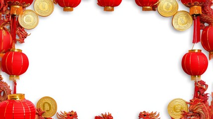 Chinese New Year Border with Red Lanterns  Gold Coins  and Dragon Motifs