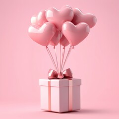 Pink love balloons tied to gift box