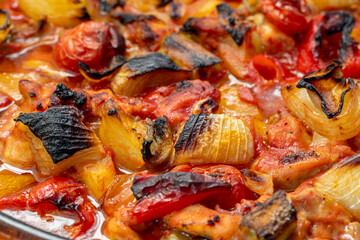 Traditional delicious Turkish dishes; potato, tomato, pepper, garlic and meat dish (Turkish name; Fırında tas kebabı,)