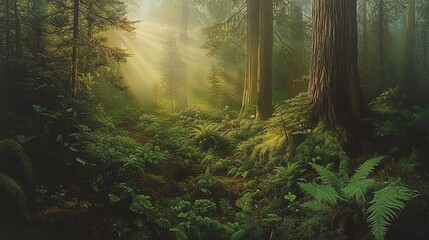 Obraz premium A towering redwood forest shrouded in mist