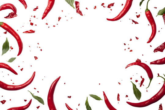 Red chilli pepers on a white and transparent background. 