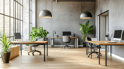 Modern minimalist office interior with wooden desks, black chairs, and large windows.