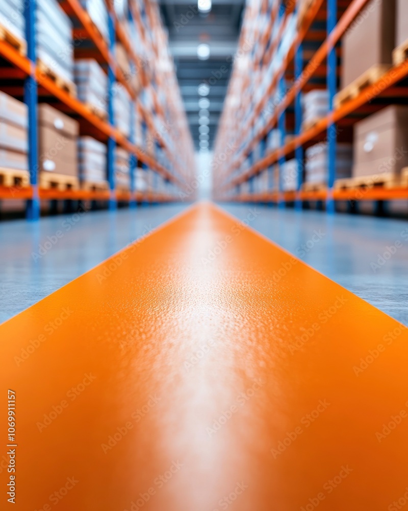 Poster Logistics and warehouse concepts. A wide aisle in a warehouse, featuring orange markings and lined with pallet racks filled with boxes, creating a visually organized environment.