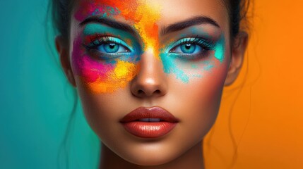 Vibrant and imaginative creative portrait capturing a female face enhanced with colorful AI elements, offering a striking visual with ample copy space for artistic expression.