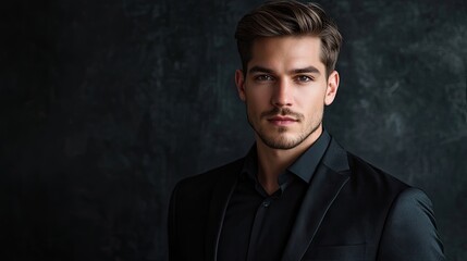 Stylish young man dressed in a suit and black shirt exudes confidence and charm. This handsome young man epitomizes modern elegance, with ample copy space for text.