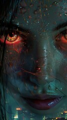 Glowing Eyes in the Rain: A Cyberpunk Portrait