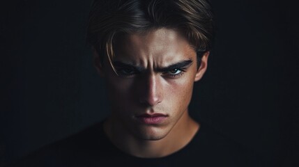Portrait of a serious young man captured in a dark setting, emphasizing his intense expression. Ideal for designs needing a serious young man theme with ample copy space.