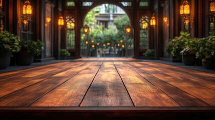 Wooden Board with Empty Table and Ramadan Kareem Background for Festive Celebrations and Cultural Theme Promotions