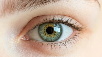 Caucasian human eye captures intricate details with a focus on the iris and pupil, providing ample copy space for text integration and creative use.