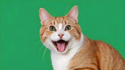 Laughing cat with wide open mouth green background