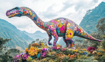 Obraz premium Colorful dinosaur statue amidst blooming flowers.