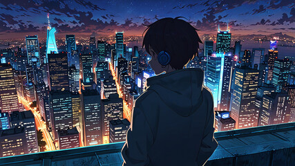Young Person in Headphones Overlooking a Dazzling Cityscape at Dusk