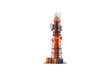 tall telecommunications tower with antennas and lights, surrounded by equipment. structure is illuminated, showcasing its importance in communication technology