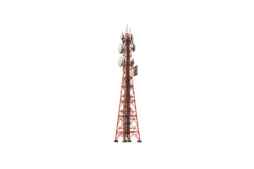 Telecommunication tower with antennas, red metal structure, isolated on white background, used for signal transmission and reception