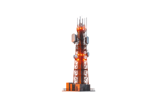tall telecommunications tower with antennas and lights, surrounded by equipment. structure is illuminated, showcasing its importance in communication technology