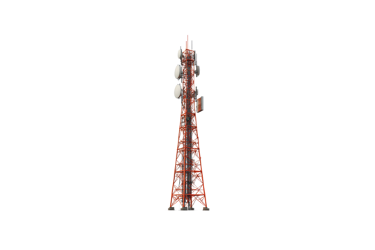 Telecommunication tower with antennas, red metal structure, isolated on white background, used for signal transmission and reception
