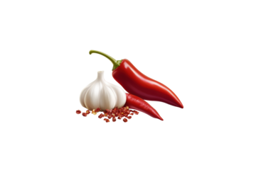 Fresh red chili peppers and garlic cloves with dried chili flakes create vibrant and spicy culinary scene. Perfect for adding flavor to various dishes