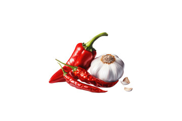Fresh red chili peppers and garlic cloves arranged together, showcasing vibrant colors and textures, perfect for culinary themes