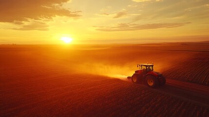 Tractor cultivates fields under stunning sunset