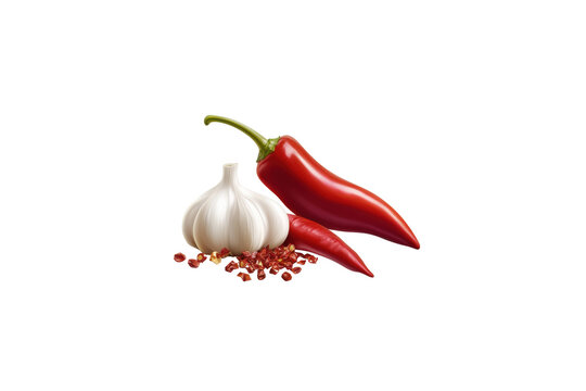 Fresh red chili peppers and garlic cloves with dried chili flakes create vibrant and spicy culinary scene. Perfect for adding flavor to various dishes