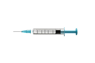 Medical syringe with clear barrel and blue plunger, used for injections and vaccinations. This essential tool is crucial in healthcare settings