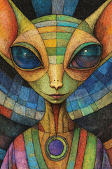 A drawing of an alien with blue eyes and a colorful headdress