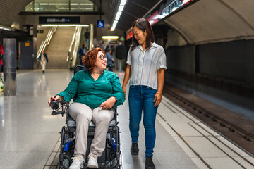 Disabled woman and multi-ethnic friend walking along metro platform